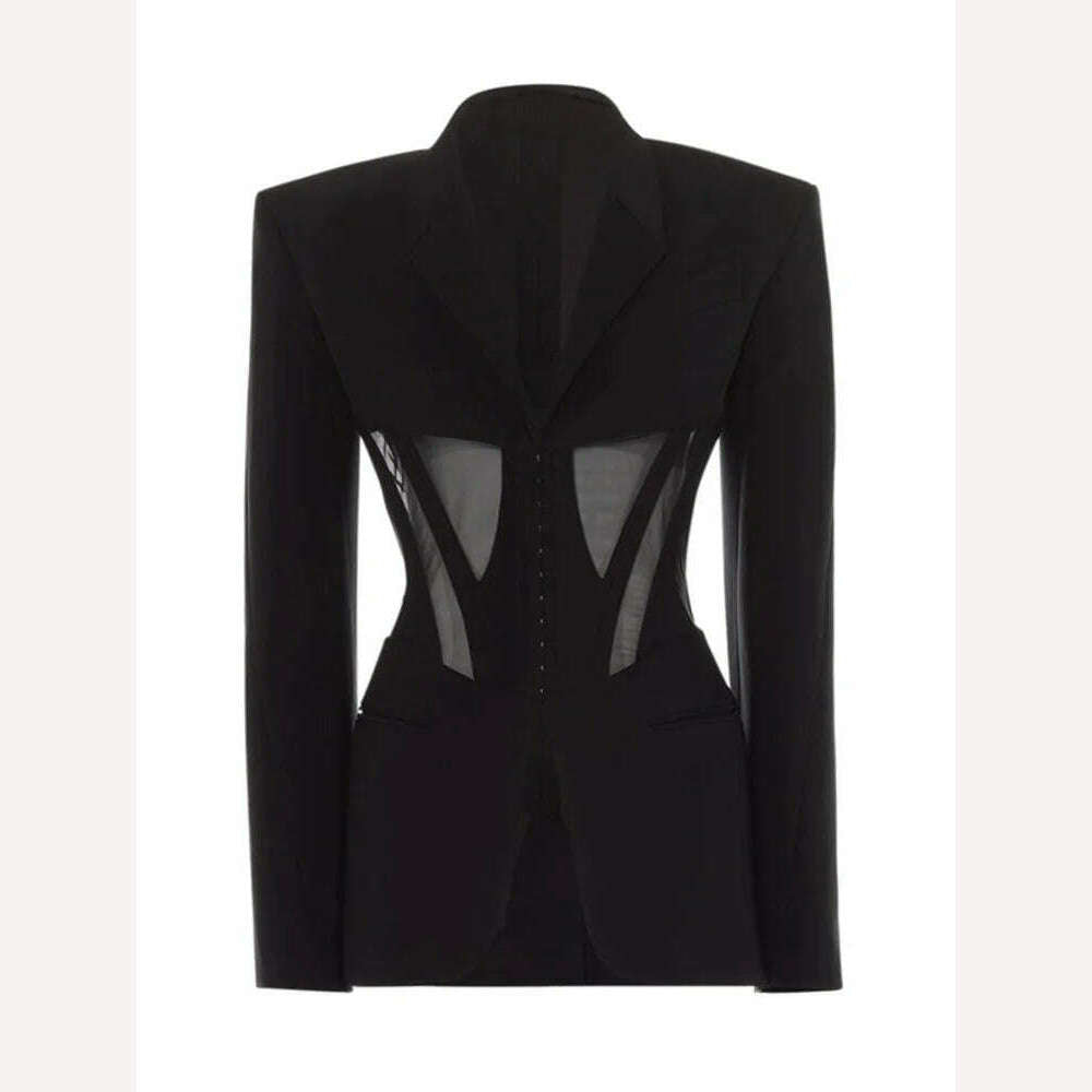 DEAT Fashion Women Blazer Notched Collar Full Sleeve Hidden Breasted Lace Patchwork Waist Black Jacket Autumn 2024 New 17A8211 - KIMLUD