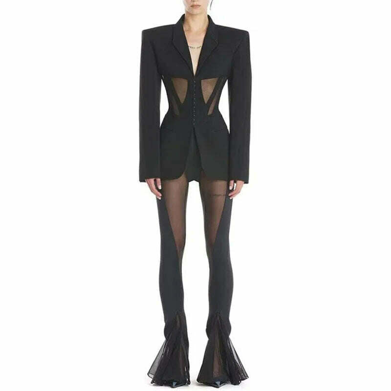DEAT Fashion Women Blazer Notched Collar Full Sleeve Hidden Breasted Lace Patchwork Waist Black Jacket Autumn 2024 New 17A8211 - KIMLUD