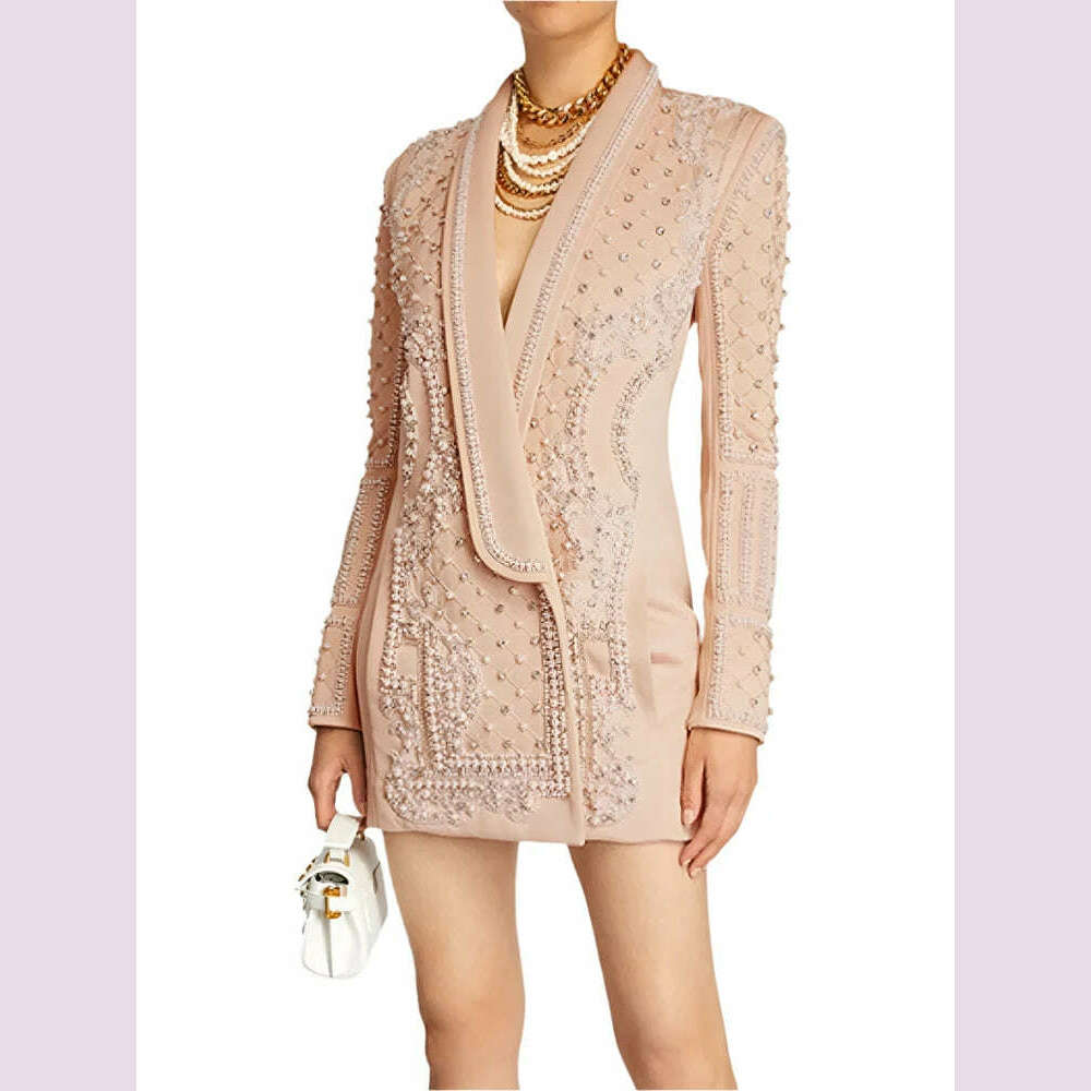 DEAT Fashion Women's Blazer Handmade Pearl Beaded Shawl Collar Hidden Breasted Long Sleeve Suit Jackets Spring 2023 New 17A4050H - KIMLUD