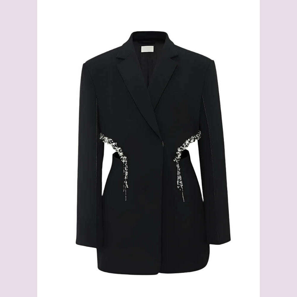 DEAT Fashion Women's Blazer Notched Collar Hidden Breasted Long Sleeve Hollow Out Spliced Crystal Suit summer 2023 New 17A7109 - KIMLUD