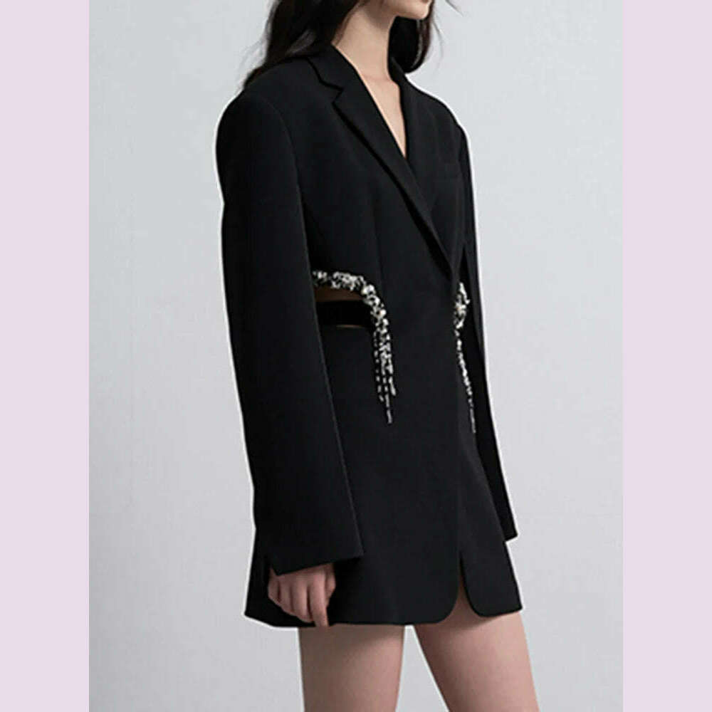 DEAT Fashion Women's Blazer Notched Collar Hidden Breasted Long Sleeve Hollow Out Spliced Crystal Suit summer 2023 New 17A7109 - KIMLUD