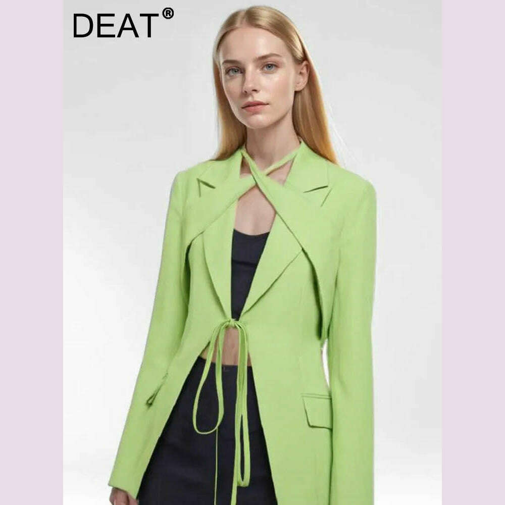 DEAT Fashion Women's Blazer Notched Lace-up Slim Pockets Patchwork Deconstruction Green Suit Jackets Autumn 2024 New Tide CP1984 - KIMLUD