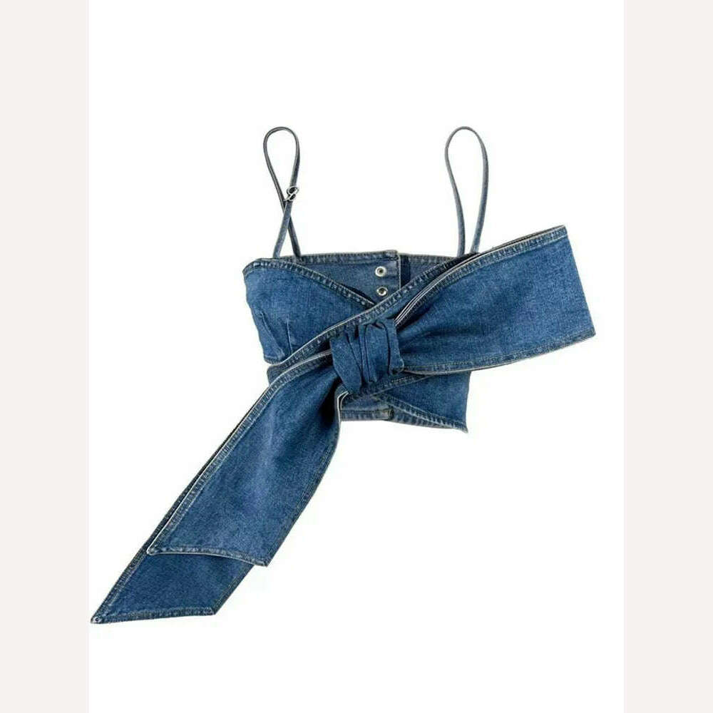 DEAT Fashion Women's Bows Bandage Denim Sling Vest High Waist Wide Leg Straight Jeans Female 2024 Spring New Trendy 33A1173 - KIMLUD