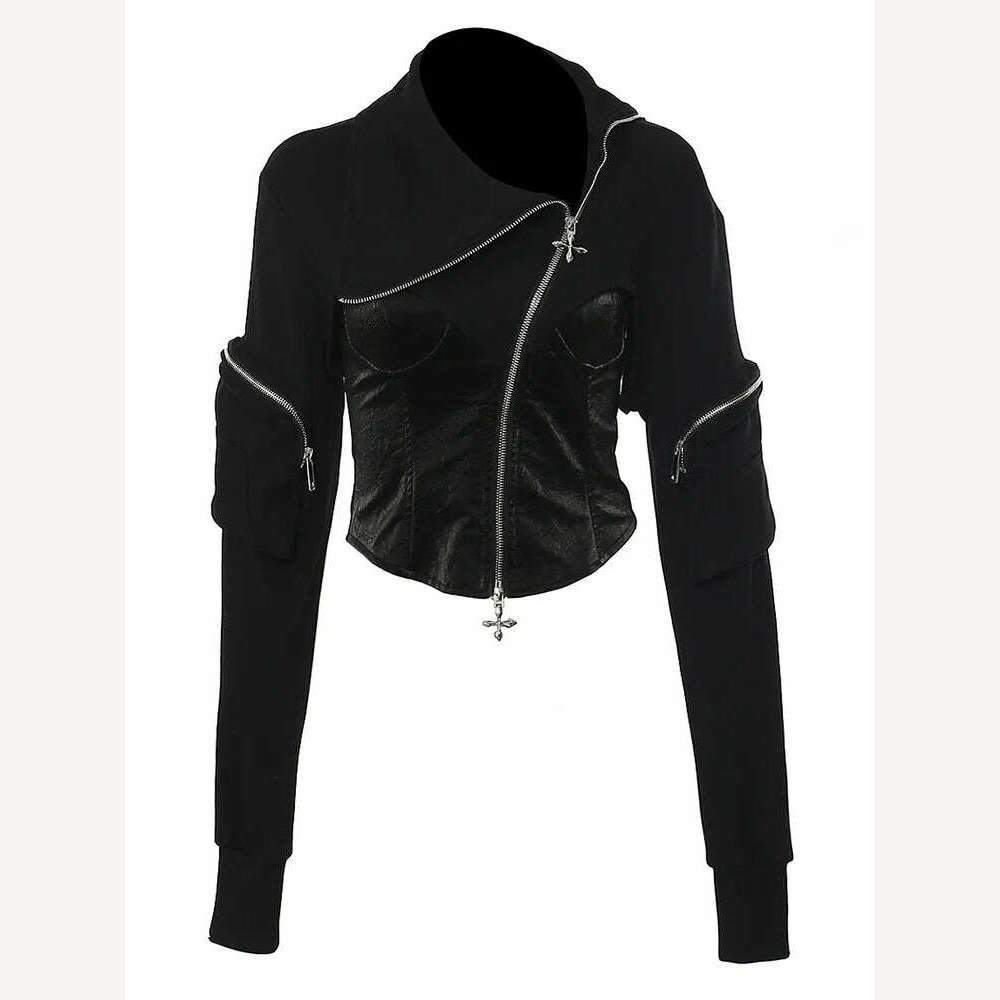 DEAT Fashion Women's Jackets Irregular Lapel Zipper Backless Pu Leather Spliced Slim Lace-up Coats Autumn 2023 New Tide 7AB1815 - KIMLUD