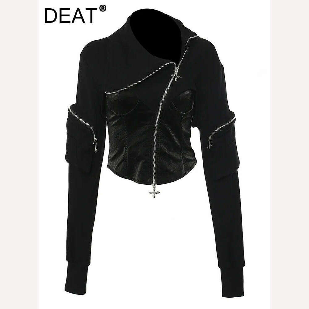 DEAT Fashion Women's Jackets Irregular Lapel Zipper Backless Pu Leather Spliced Slim Lace-up Coats Autumn 2023 New Tide 7AB1815 - KIMLUD
