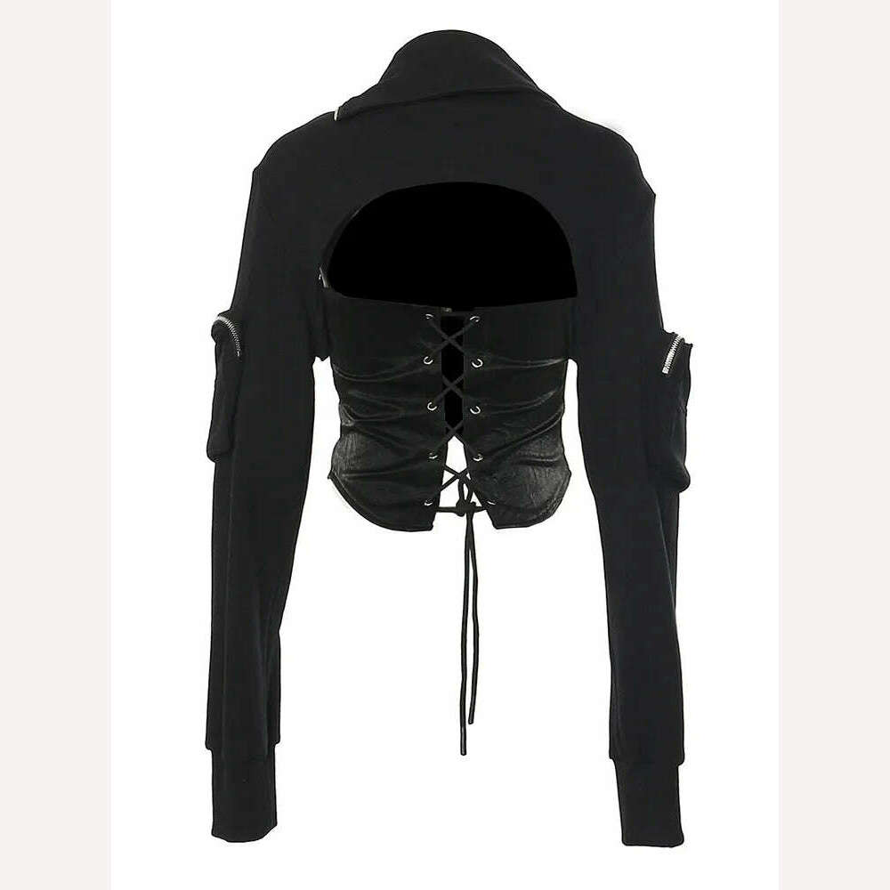 DEAT Fashion Women's Jackets Irregular Lapel Zipper Backless Pu Leather Spliced Slim Lace-up Coats Autumn 2023 New Tide 7AB1815 - KIMLUD