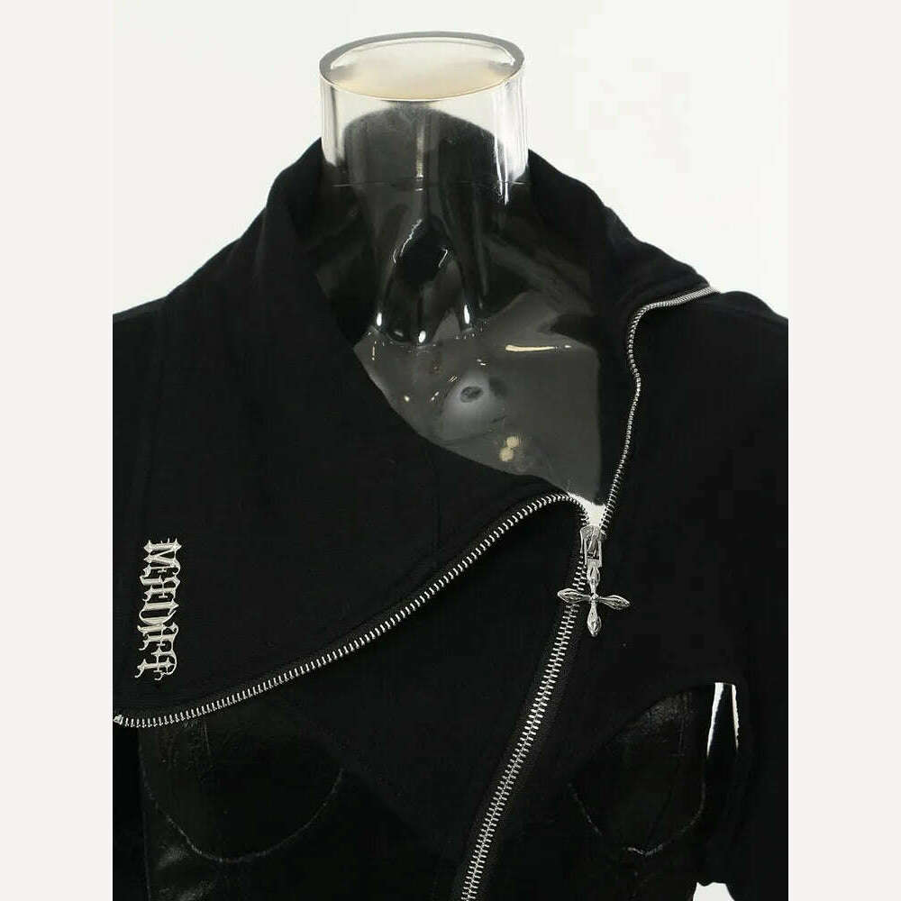 DEAT Fashion Women's Jackets Irregular Lapel Zipper Backless Pu Leather Spliced Slim Lace-up Coats Autumn 2023 New Tide 7AB1815 - KIMLUD
