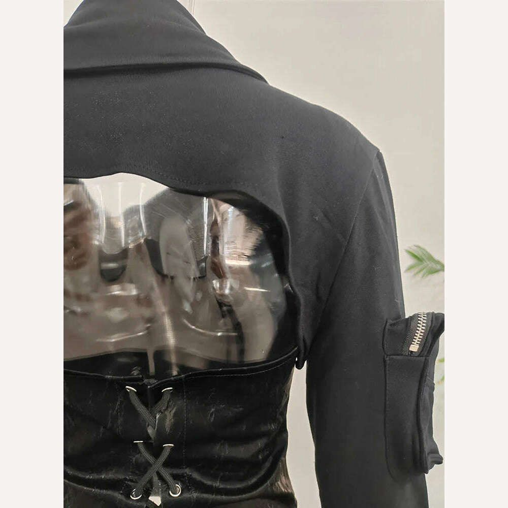 DEAT Fashion Women's Jackets Irregular Lapel Zipper Backless Pu Leather Spliced Slim Lace-up Coats Autumn 2023 New Tide 7AB1815 - KIMLUD
