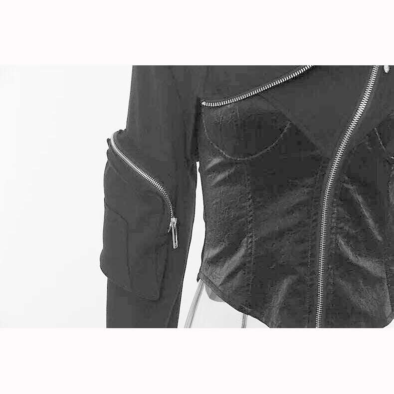 DEAT Fashion Women's Jackets Irregular Lapel Zipper Backless Pu Leather Spliced Slim Lace-up Coats Autumn 2023 New Tide 7AB1815 - KIMLUD