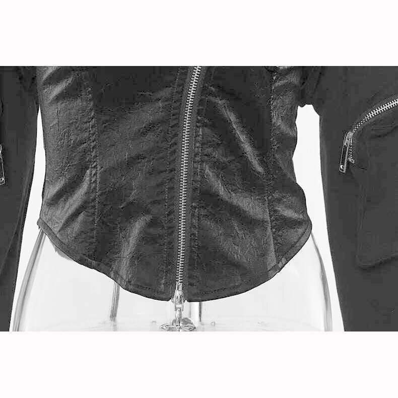 DEAT Fashion Women's Jackets Irregular Lapel Zipper Backless Pu Leather Spliced Slim Lace-up Coats Autumn 2023 New Tide 7AB1815 - KIMLUD