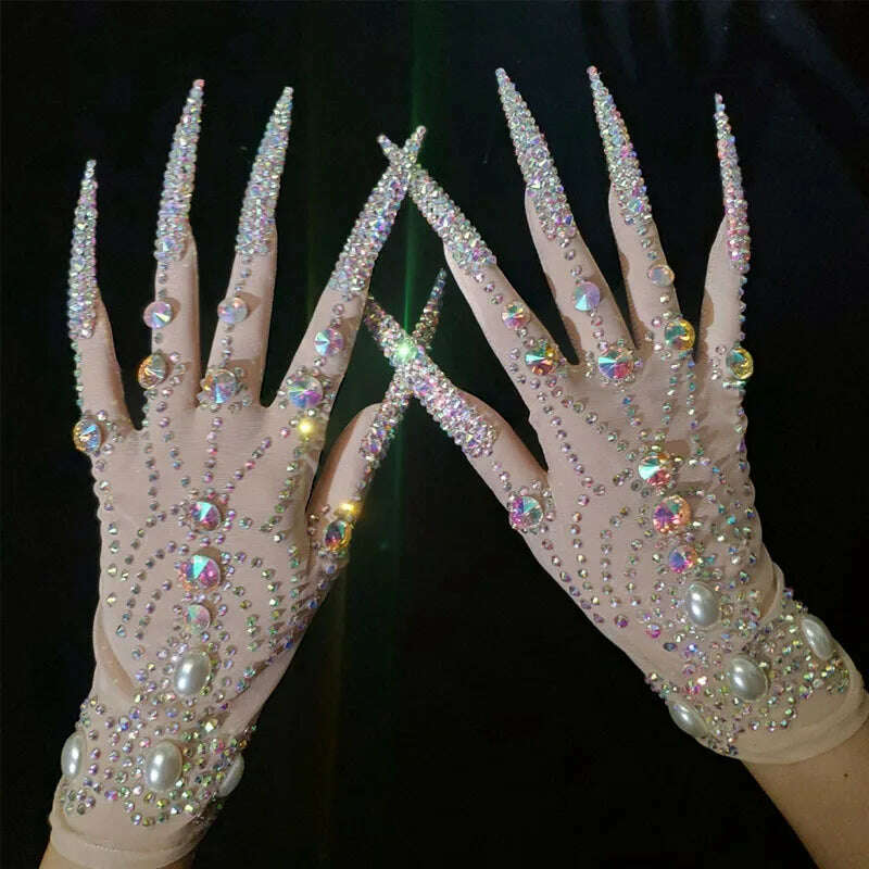 KIMLUD, Deluxe AB Diamond Pearl Long Nails Diamond Shiny Short Gloves, KIMLUD Womens Clothes