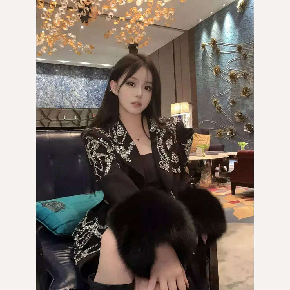 Design Banquet Luxury Fox Fur Crystal Off Shoulder Hollow Out Black Suit Jacket Women Elegant Padded Blazers Customized 15 Days - KIMLUD