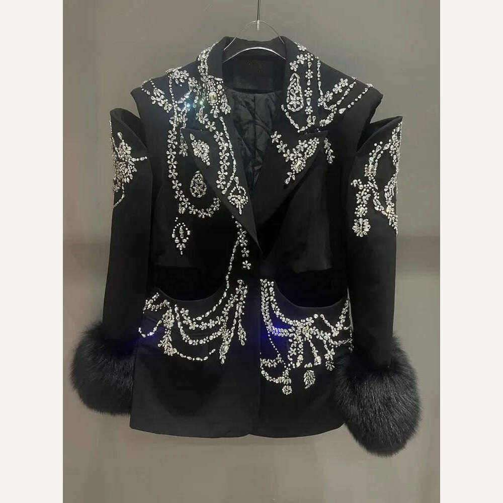 Design Banquet Luxury Fox Fur Crystal Off Shoulder Hollow Out Black Suit Jacket Women Elegant Padded Blazers Customized 15 Days - KIMLUD