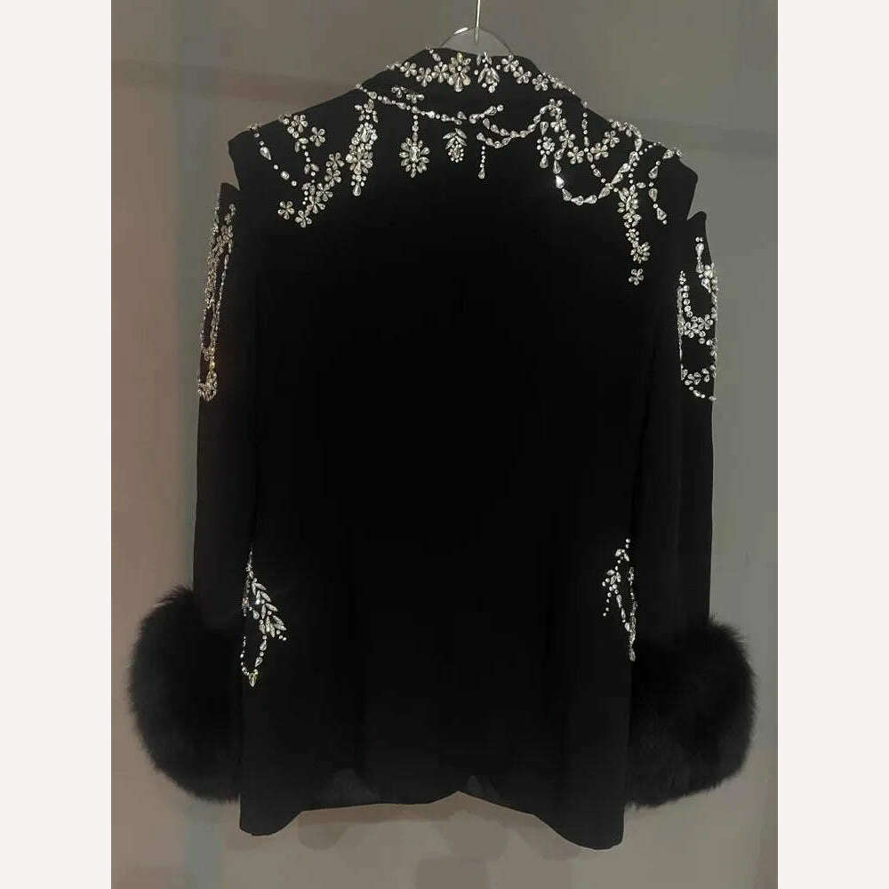 Design Banquet Luxury Fox Fur Crystal Off Shoulder Hollow Out Black Suit Jacket Women Elegant Padded Blazers Customized 15 Days - KIMLUD