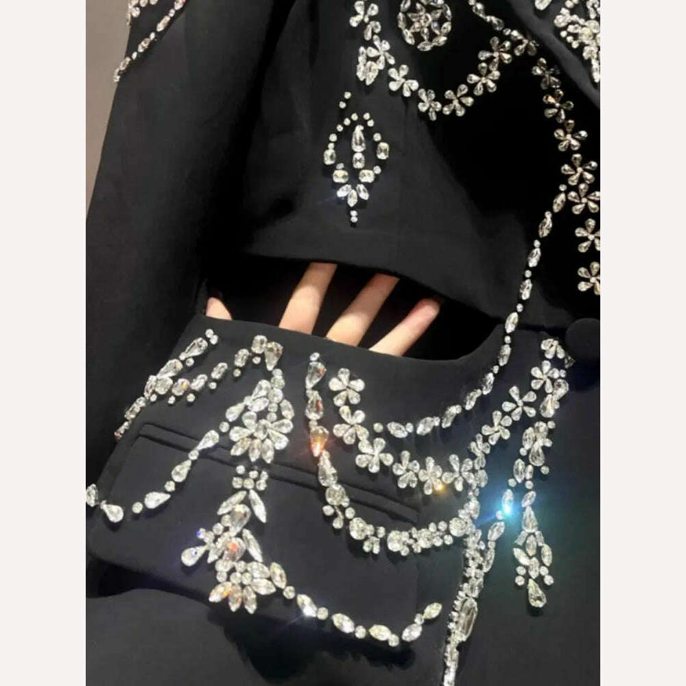 Design Banquet Luxury Fox Fur Crystal Off Shoulder Hollow Out Black Suit Jacket Women Elegant Padded Blazers Customized 15 Days - KIMLUD