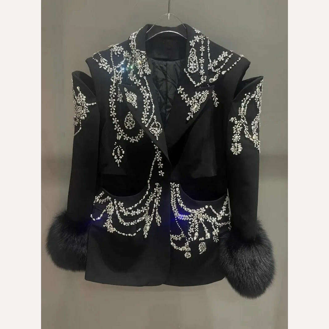 Design Banquet Luxury Fox Fur Crystal Off Shoulder Hollow Out Black Suit Jacket Women Elegant Padded Blazers Customized 15 Days - KIMLUD