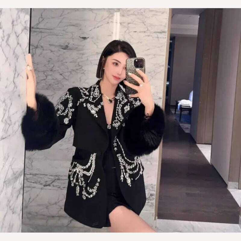 Design Banquet Luxury Fox Fur Crystal Off Shoulder Hollow Out Black Suit Jacket Women Elegant Padded Blazers Customized 15 Days - KIMLUD