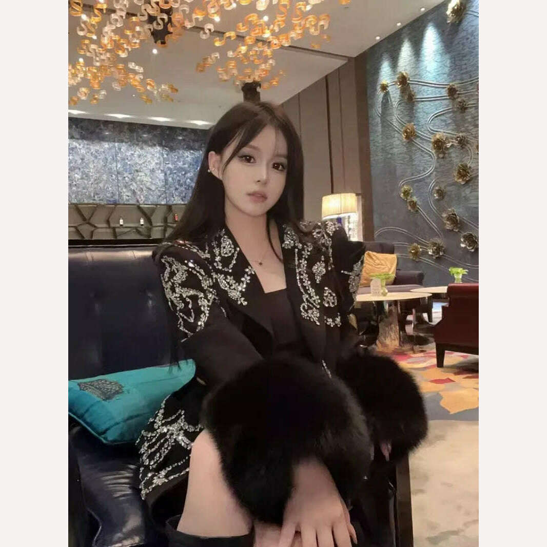 Design Banquet Luxury Fox Fur Crystal Off Shoulder Hollow Out Black Suit Jacket Women Elegant Padded Blazers Customized 15 Days - KIMLUD