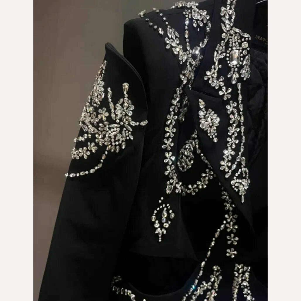Design Banquet Luxury Fox Fur Crystal Off Shoulder Hollow Out Black Suit Jacket Women Elegant Padded Blazers Customized 15 Days - KIMLUD