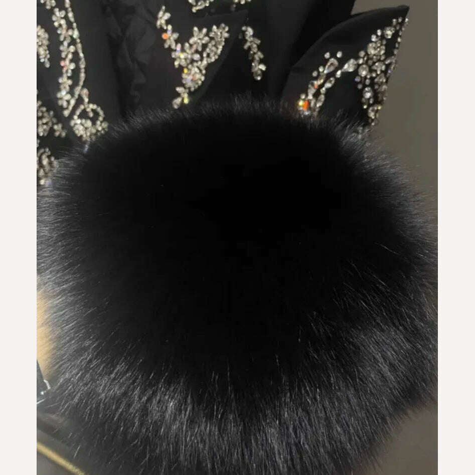 Design Banquet Luxury Fox Fur Crystal Off Shoulder Hollow Out Black Suit Jacket Women Elegant Padded Blazers Customized 15 Days - KIMLUD