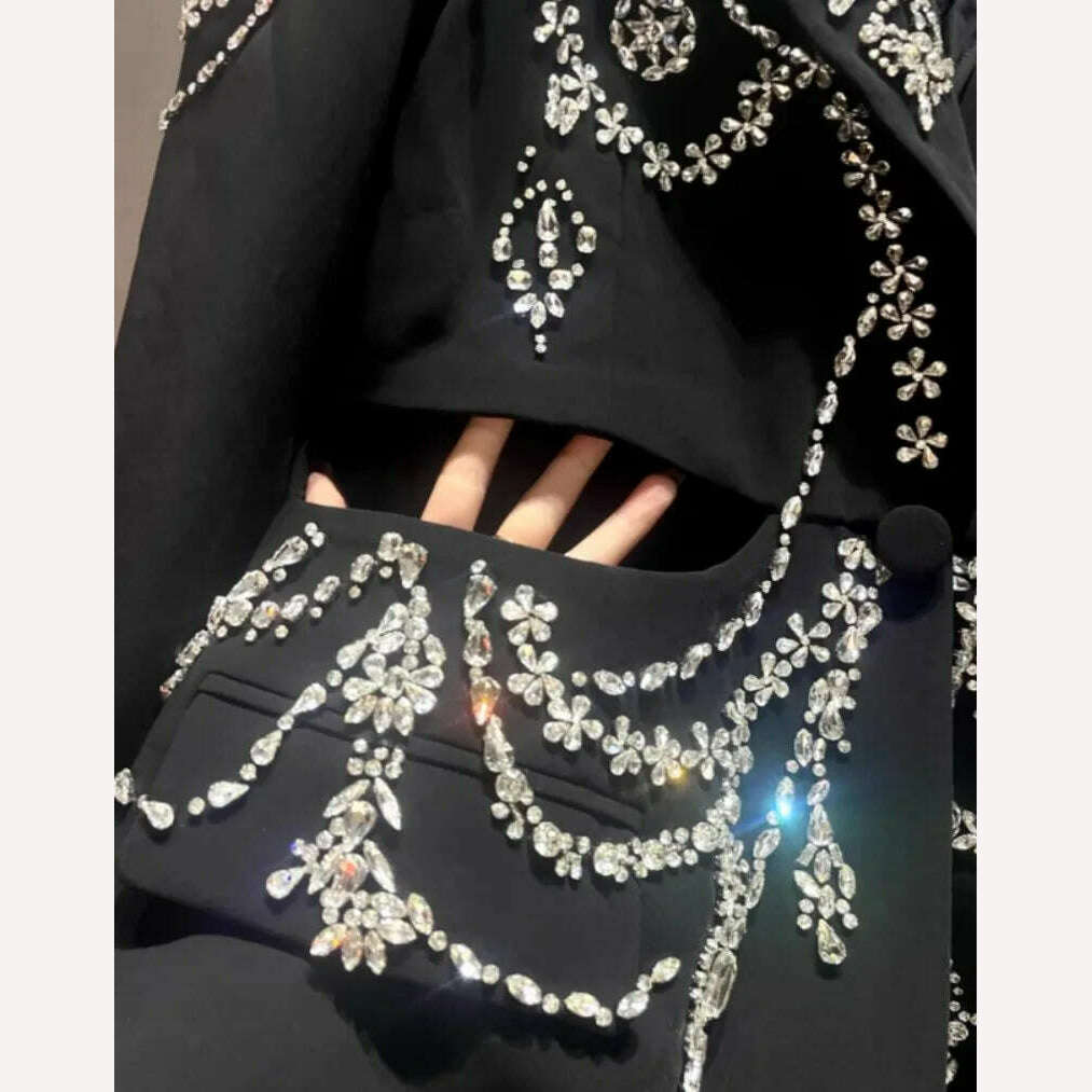 Design Banquet Luxury Fox Fur Crystal Off Shoulder Hollow Out Black Suit Jacket Women Elegant Padded Blazers Customized 15 Days - KIMLUD