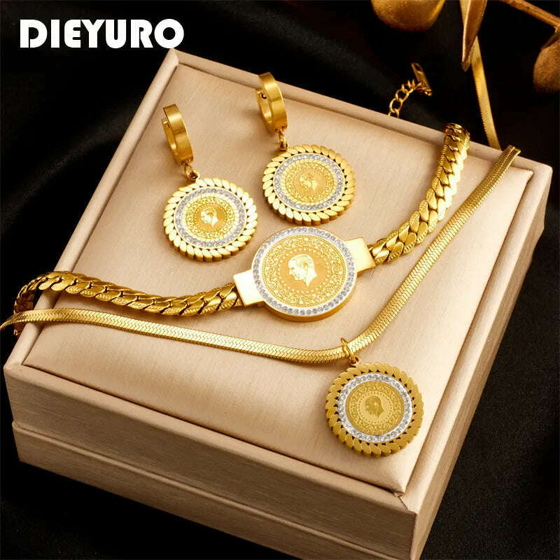 DIEYURO 316L Stainless Steel Round Portrait Charm Necklace Bracelets Earrings For Women Girl New Trend Non-fading Jewelry Set - KIMLUD