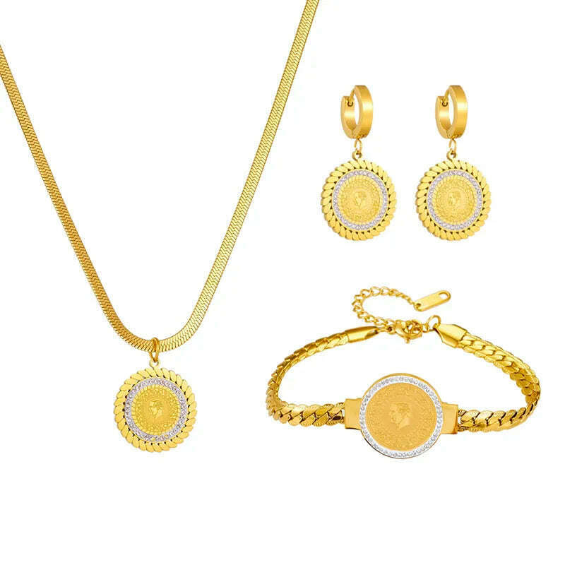 DIEYURO 316L Stainless Steel Round Portrait Charm Necklace Bracelets Earrings For Women Girl New Trend Non-fading Jewelry Set - KIMLUD