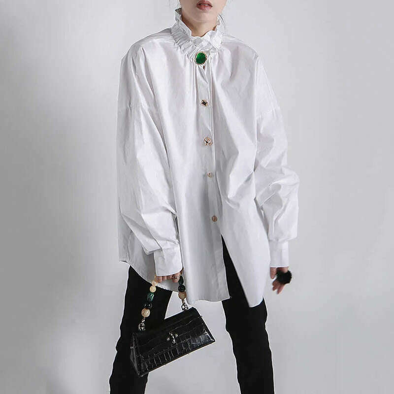 KIMLUD, [EAM] Women Big Size Button Decoration Blouse New Stand Collar Long Sleeve Loose Fit Shirt Fashion Spring Autumn 2024 1DD3478, White / One Size, KIMLUD Womens Clothes