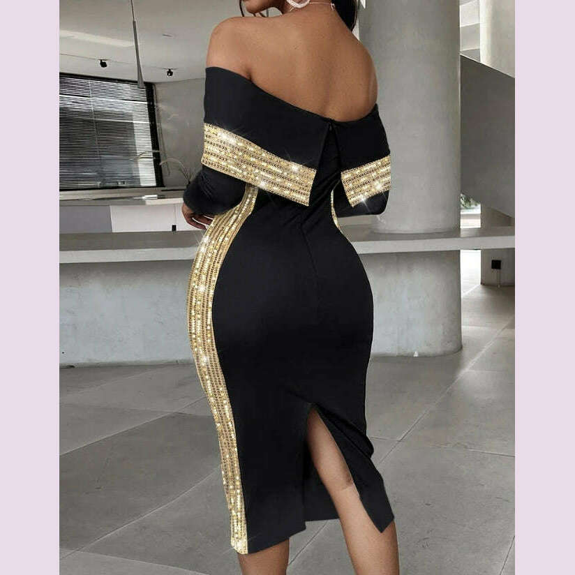Elegant Evening Party Dresses for Women Sexy Contrast Sequin Slit Off Shoulder Midi Dress 2023 Autumn Spring New Fashion Casual - KIMLUD