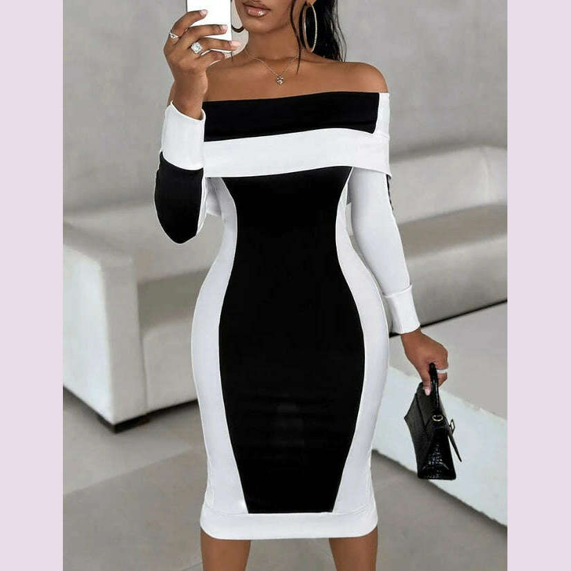 Elegant Evening Party Dresses for Women Sexy Contrast Sequin Slit Off Shoulder Midi Dress 2023 Autumn Spring New Fashion Casual - KIMLUD