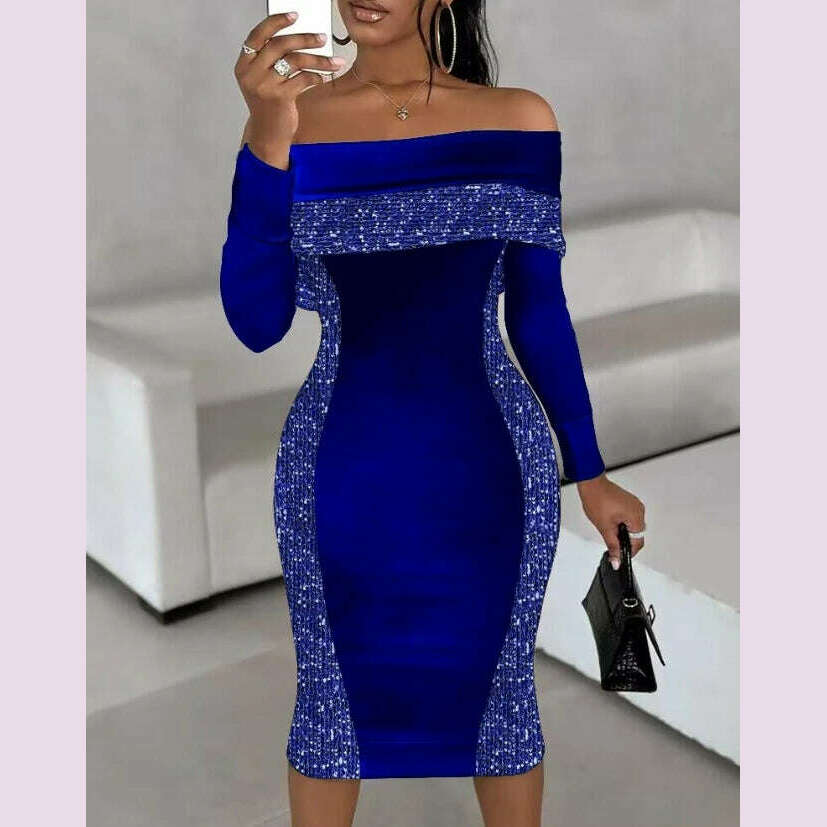 Elegant Evening Party Dresses for Women Sexy Contrast Sequin Slit Off Shoulder Midi Dress 2023 Autumn Spring New Fashion Casual - KIMLUD