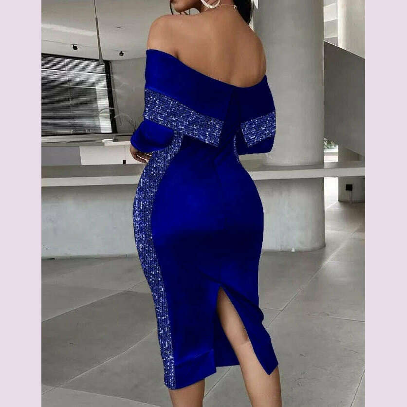 Elegant Evening Party Dresses for Women Sexy Contrast Sequin Slit Off Shoulder Midi Dress 2023 Autumn Spring New Fashion Casual - KIMLUD