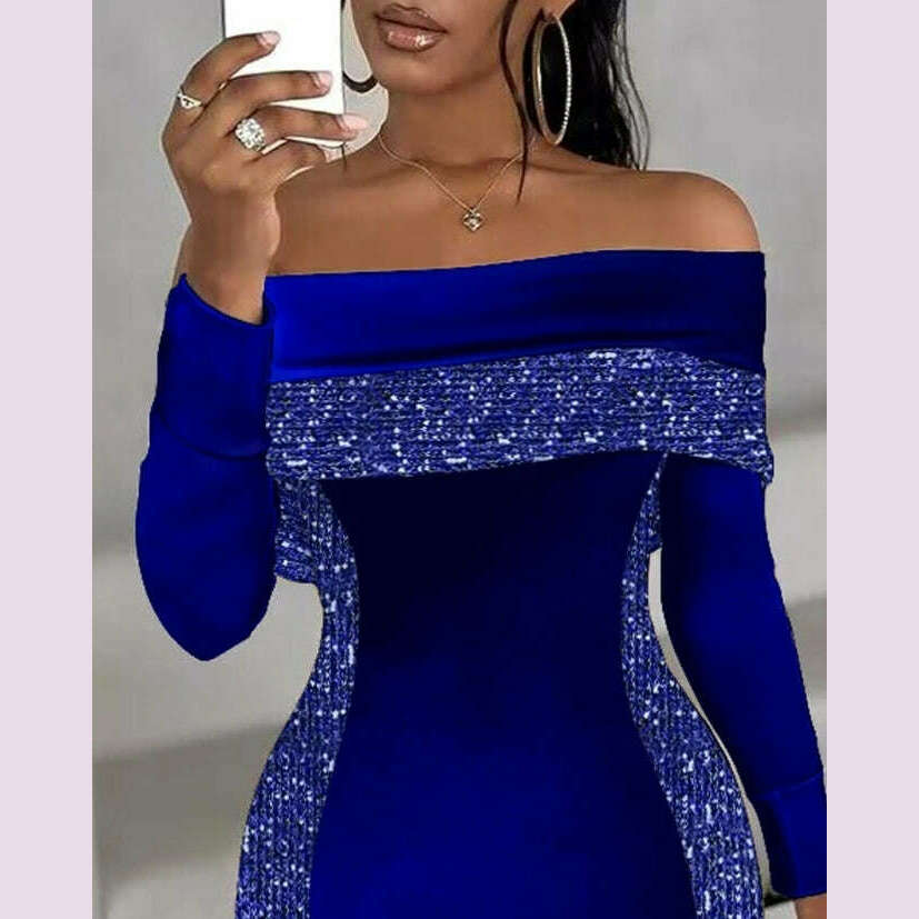 Elegant Evening Party Dresses for Women Sexy Contrast Sequin Slit Off Shoulder Midi Dress 2023 Autumn Spring New Fashion Casual - KIMLUD