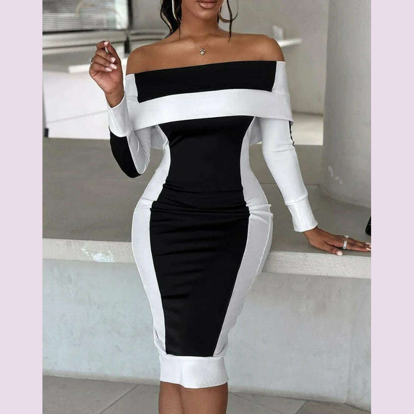 Elegant Evening Party Dresses for Women Sexy Contrast Sequin Slit Off Shoulder Midi Dress 2023 Autumn Spring New Fashion Casual - KIMLUD