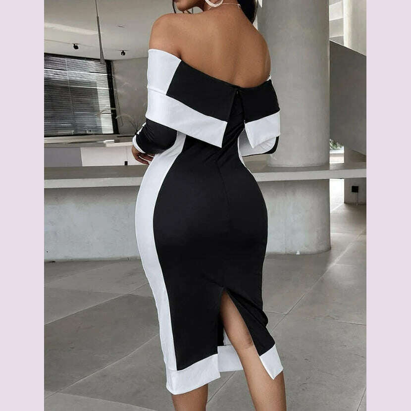 Elegant Evening Party Dresses for Women Sexy Contrast Sequin Slit Off Shoulder Midi Dress 2023 Autumn Spring New Fashion Casual - KIMLUD