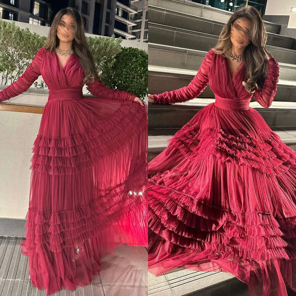 Elegant High Quality V-neck A-line Floor Length Evening Dress Formal Ocassion Gown Pleat Tulle prom dresses 2023 luxury gown - KIMLUD