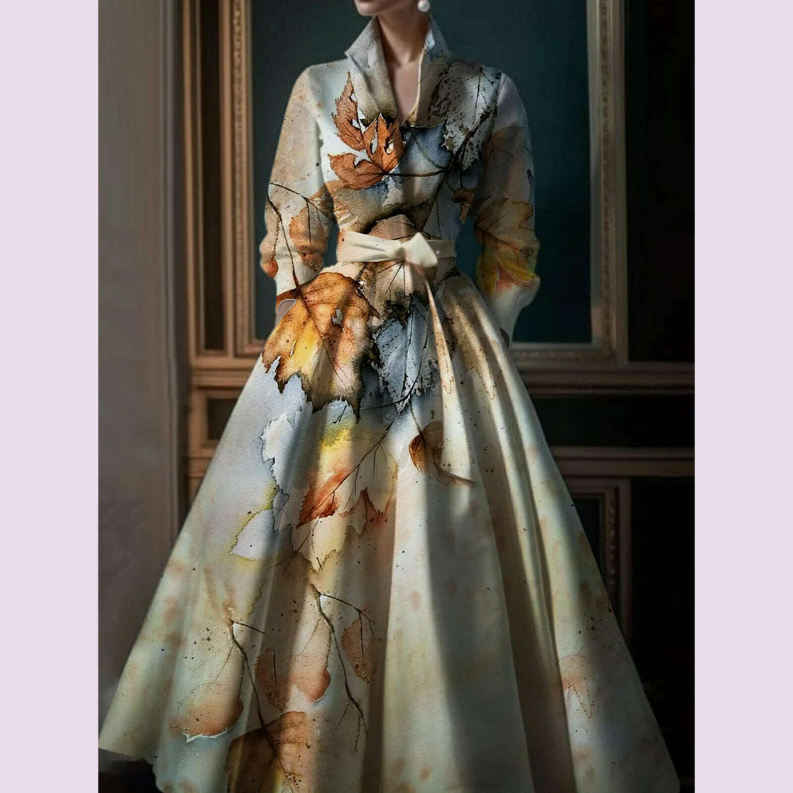 KIMLUD, Elegant Leaf Pattern Maxi Dresses Multicolor Stand Collar Long Sleeve Long Dress Party Wedding Evening A-Line Dress Vestido, KIMLUD Womens Clothes