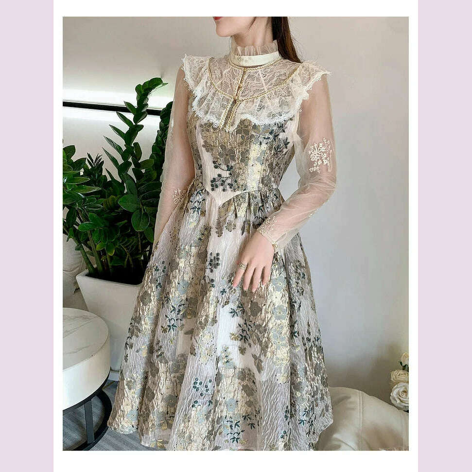 KIMLUD, Elegant Luxury Mesh Flower Embroidery Patchwork Jacquard Dress Women Stand Collar Shawl Ruffles Floral Evening Party Vestidos, KIMLUD Womens Clothes