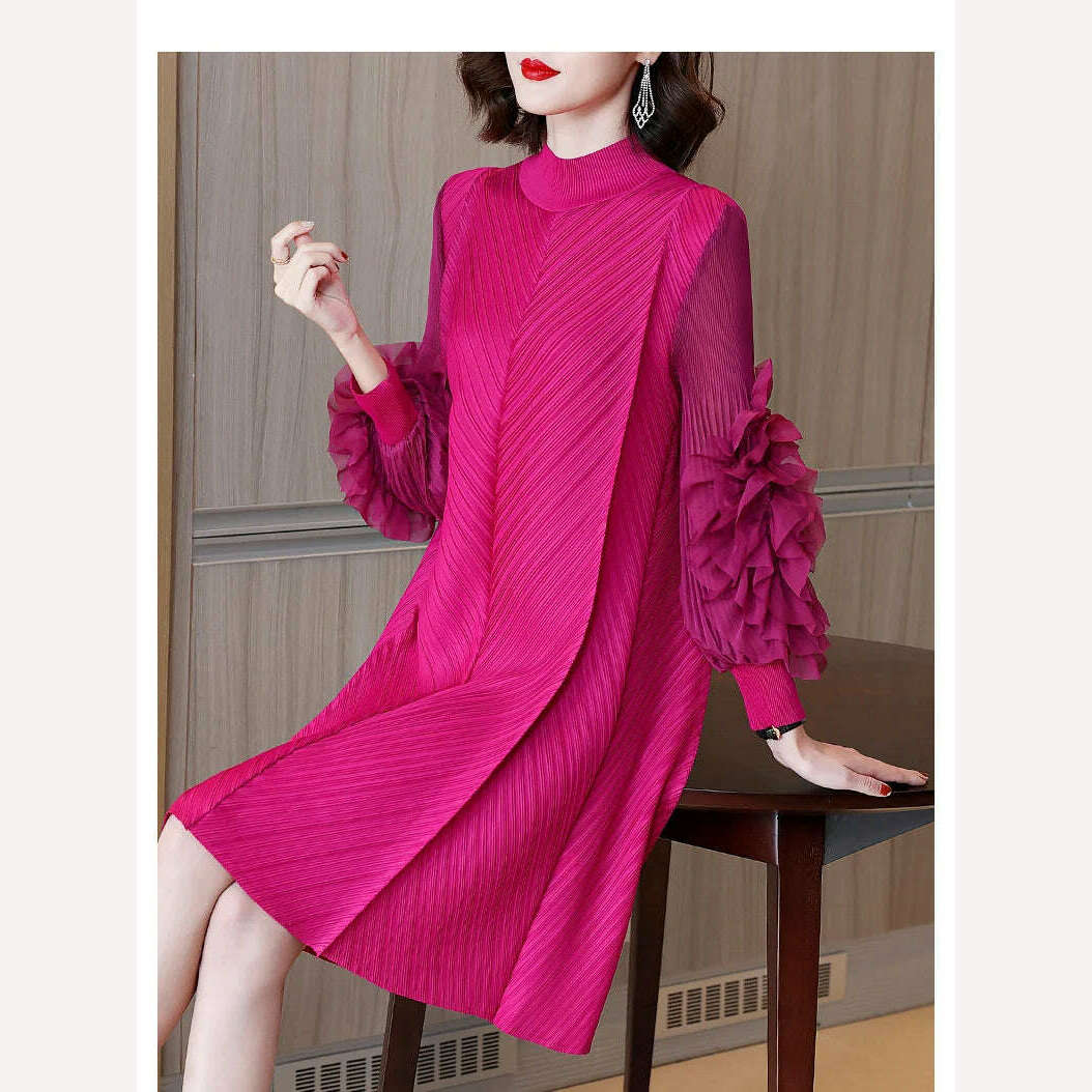 Elegant Vintage Style DEAT Woman Pleated Midi Dress with Ruffles Mesh Long Sleeve Half Turtleneck for Early Autumn Fashion - KIMLUD