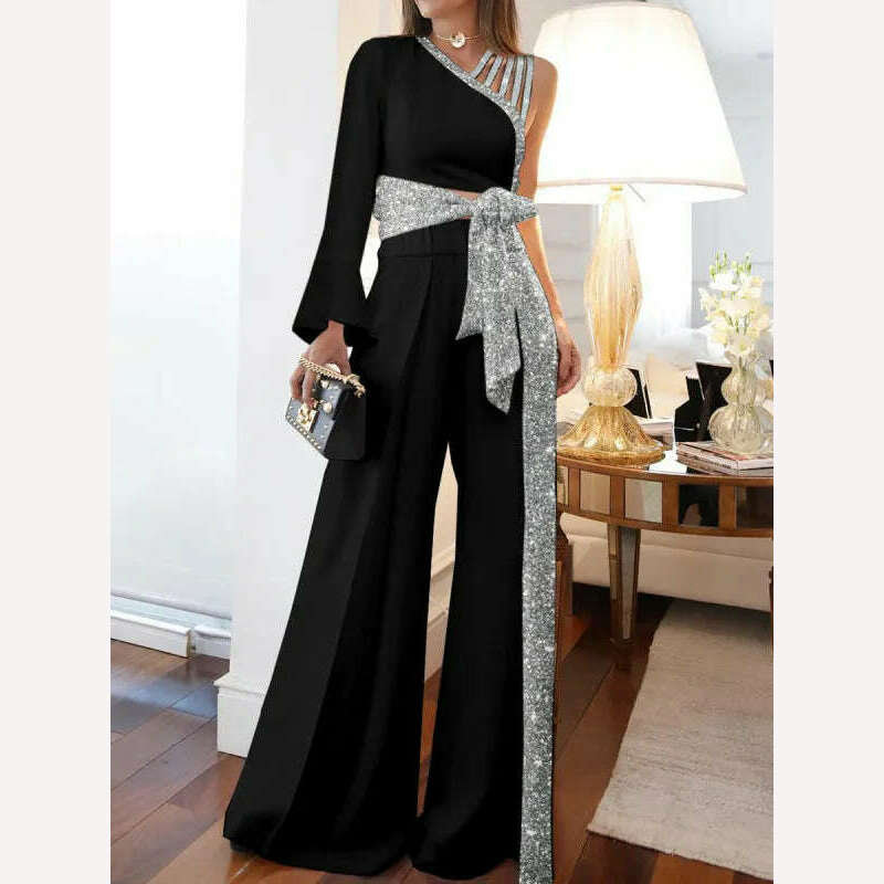 Elegant Women Jumpsuits Casual Long Sleeve One Shoulder Shiny Wide Leg Jumpsuit Lace Up Loose Wide Legs Romper High Streetwear - KIMLUD