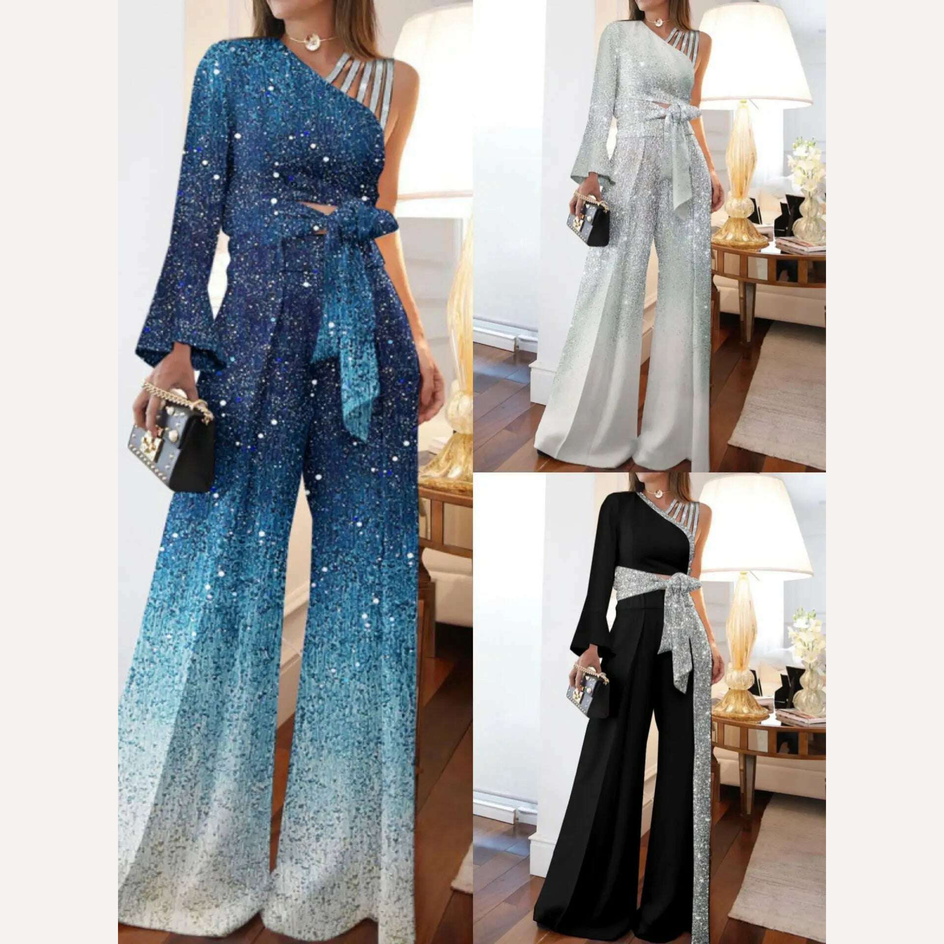 Elegant Women Jumpsuits Casual Long Sleeve One Shoulder Shiny Wide Leg Jumpsuit Lace Up Loose Wide Legs Romper High Streetwear - KIMLUD