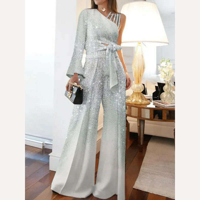 Elegant Women Jumpsuits Casual Long Sleeve One Shoulder Shiny Wide Leg Jumpsuit Lace Up Loose Wide Legs Romper High Streetwear - KIMLUD
