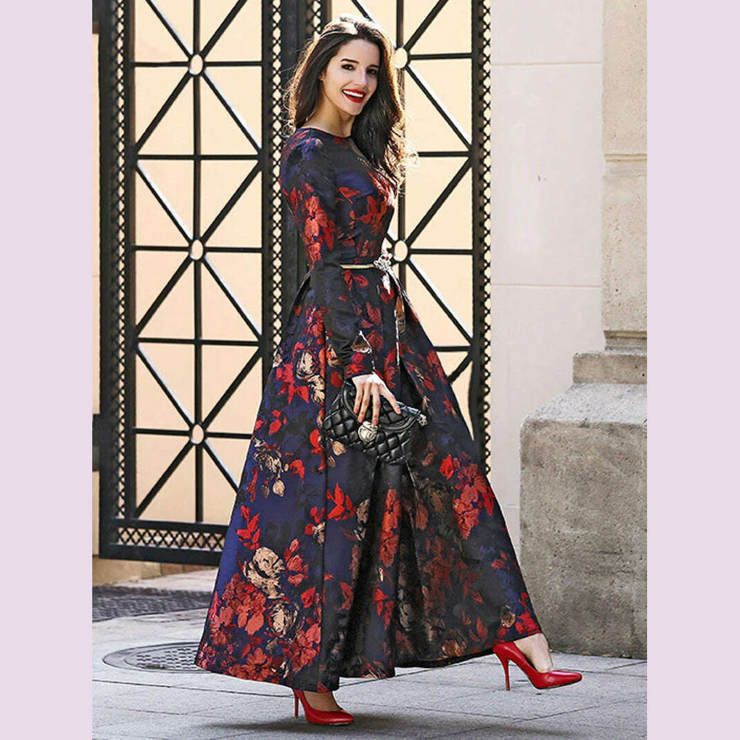 KIMLUD, Elegant Women Long Sleeve Maxi Dress Fall Fashion Boho Floral Jacquard Muslim Dress Ladies Vintage Party Clothes, KIMLUD Womens Clothes