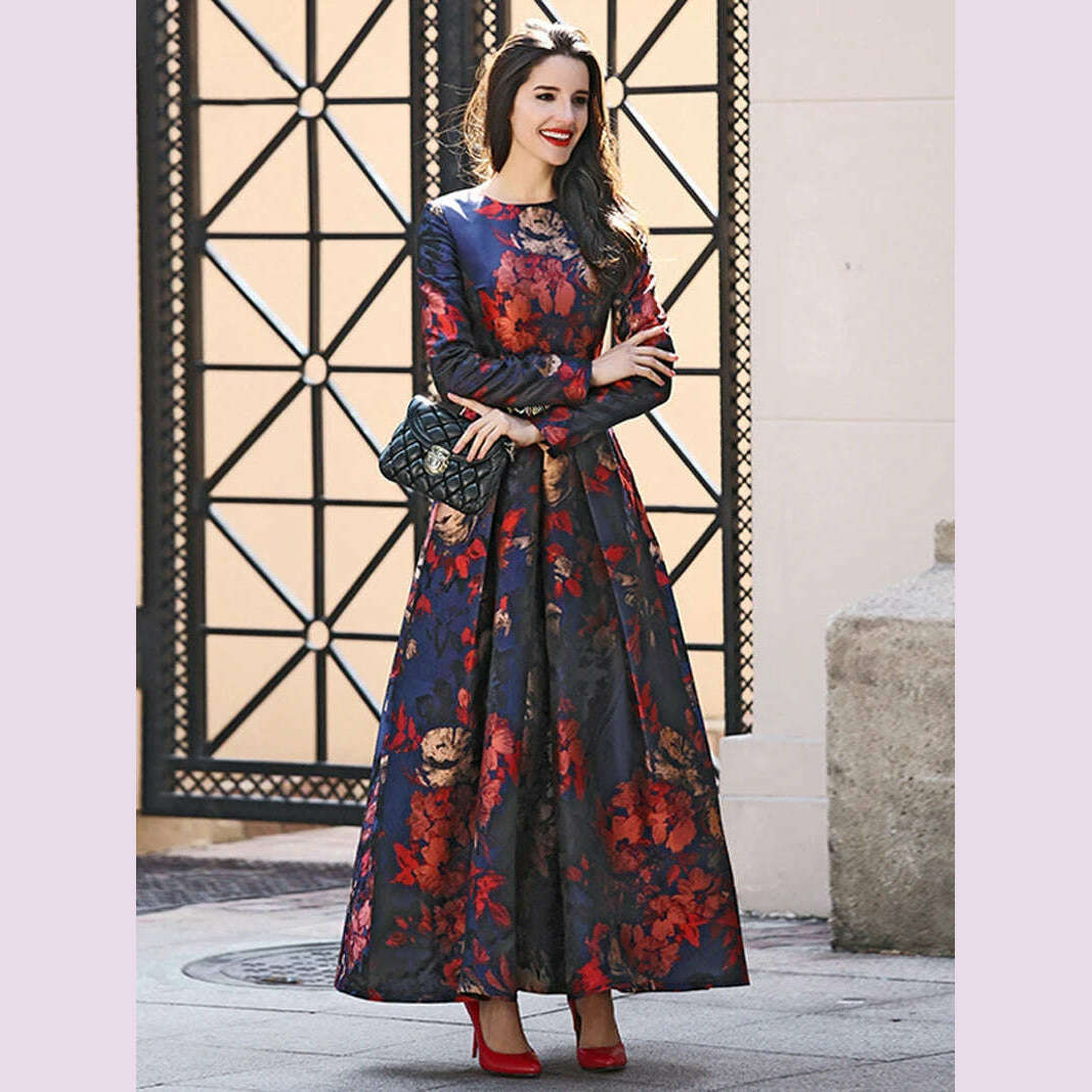 KIMLUD, Elegant Women Long Sleeve Maxi Dress Fall Fashion Boho Floral Jacquard Muslim Dress Ladies Vintage Party Clothes, KIMLUD Womens Clothes