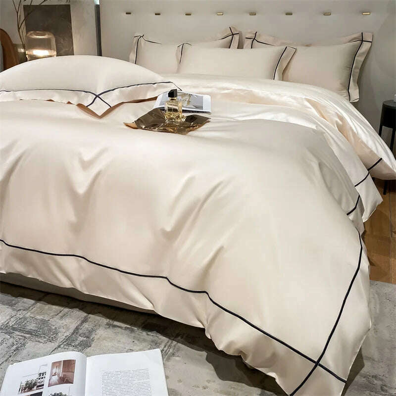 Embroidery Bedding Sets Egyptian Cotton Bed Sheet Set Luxury Duvet Cover Bedsheet Bed Linen Pillowcase 5 Stars Hotel Bedclothes - KIMLUD
