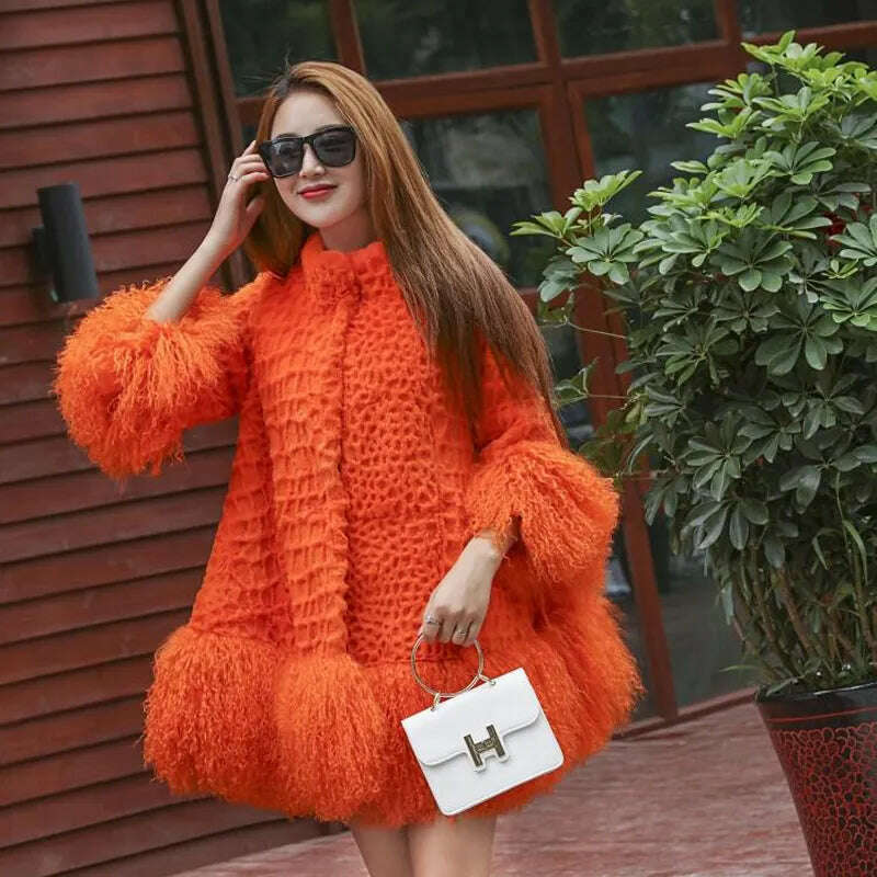 Europe and America women Mongolia Sheep fur sleeve and hem ladies loose outwear Genuine fur coat fashion New fur jacket - KIMLUD