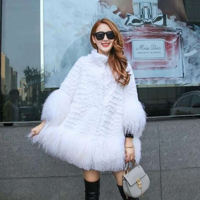 Europe and America women Mongolia Sheep fur sleeve and hem ladies loose outwear Genuine fur coat fashion New fur jacket - KIMLUD