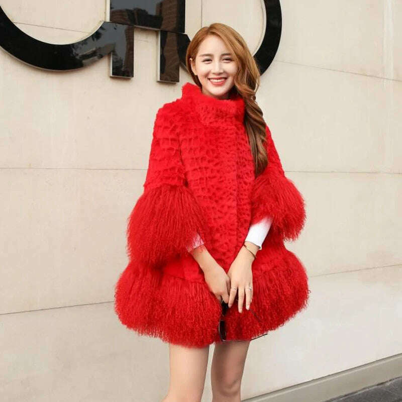 Europe and America women Mongolia Sheep fur sleeve and hem ladies loose outwear Genuine fur coat fashion New fur jacket - KIMLUD
