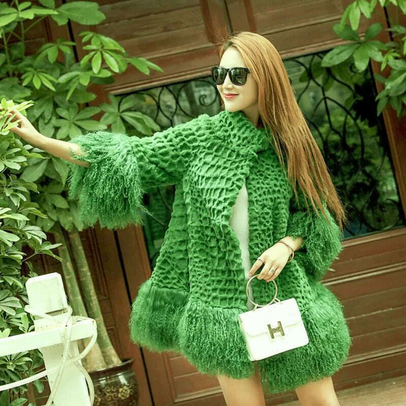Europe and America women Mongolia Sheep fur sleeve and hem ladies loose outwear Genuine fur coat fashion New fur jacket - KIMLUD