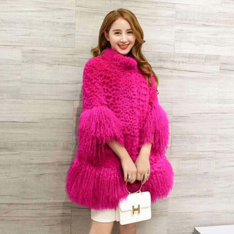 Europe and America women Mongolia Sheep fur sleeve and hem ladies loose outwear Genuine fur coat fashion New fur jacket - KIMLUD